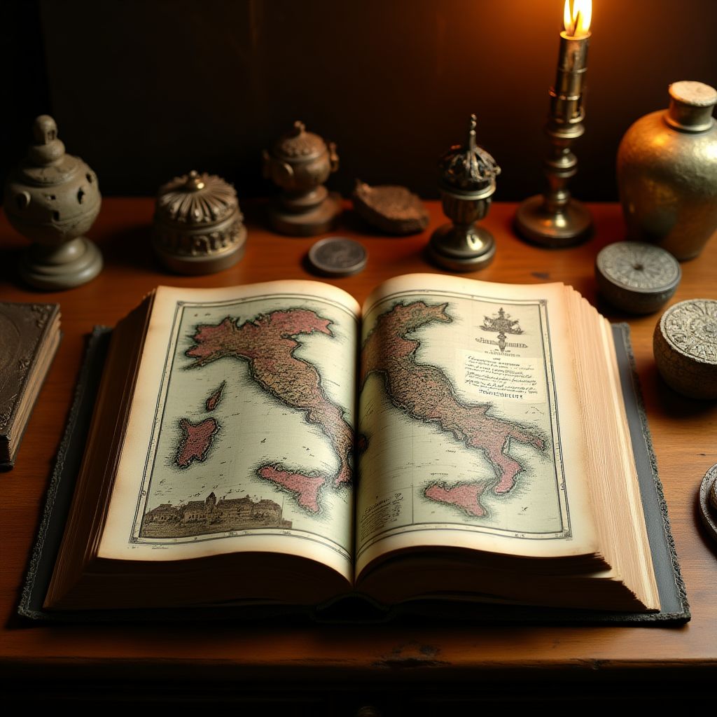 Libro antico aperto con mappa storica dell'Italia