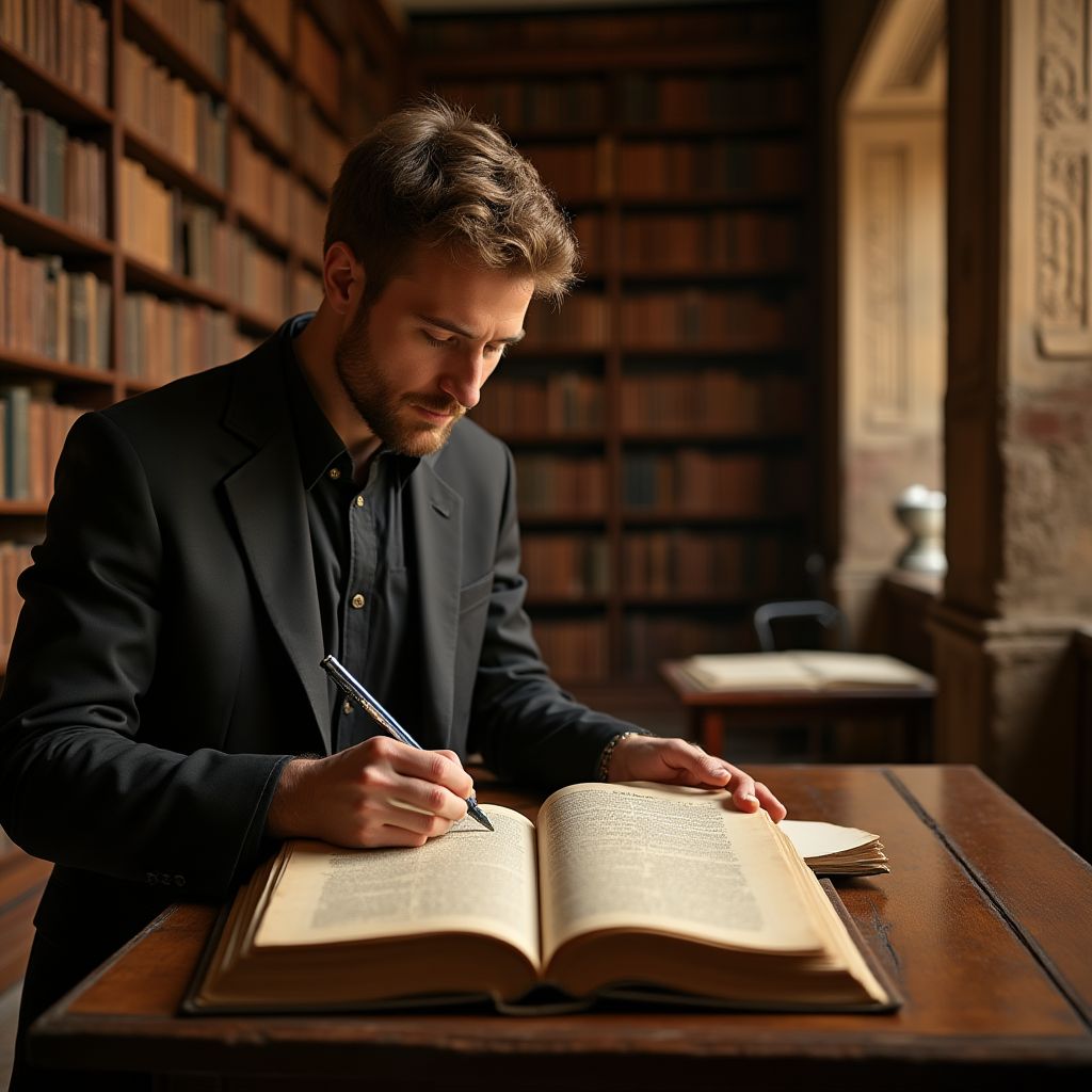 Ricercatore che studia manoscritti antichi in una biblioteca storica