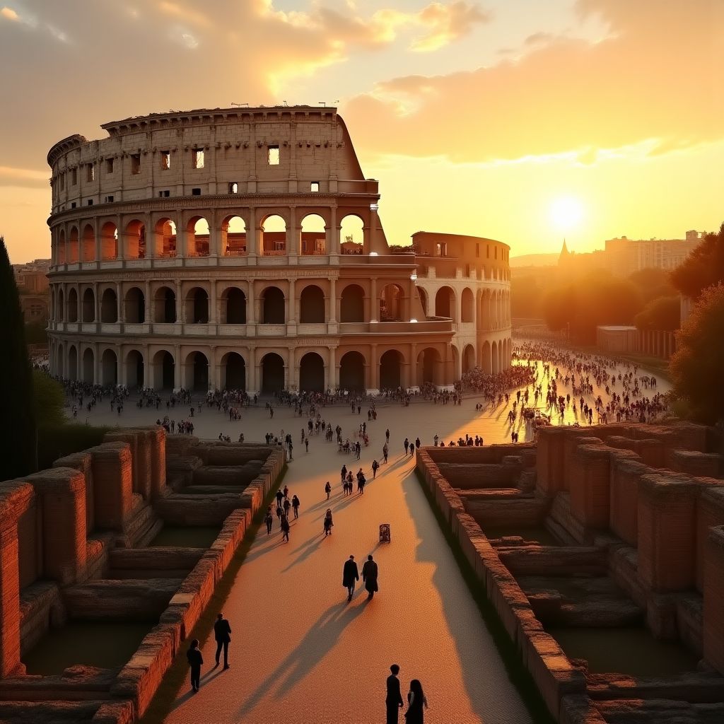 Colosseo e Foro Romano illuminati dal tramonto