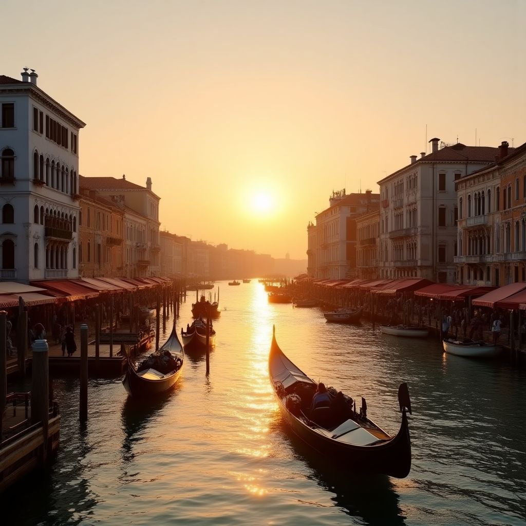 Gondole sul Canal Grande a Venezia con palazzi storici