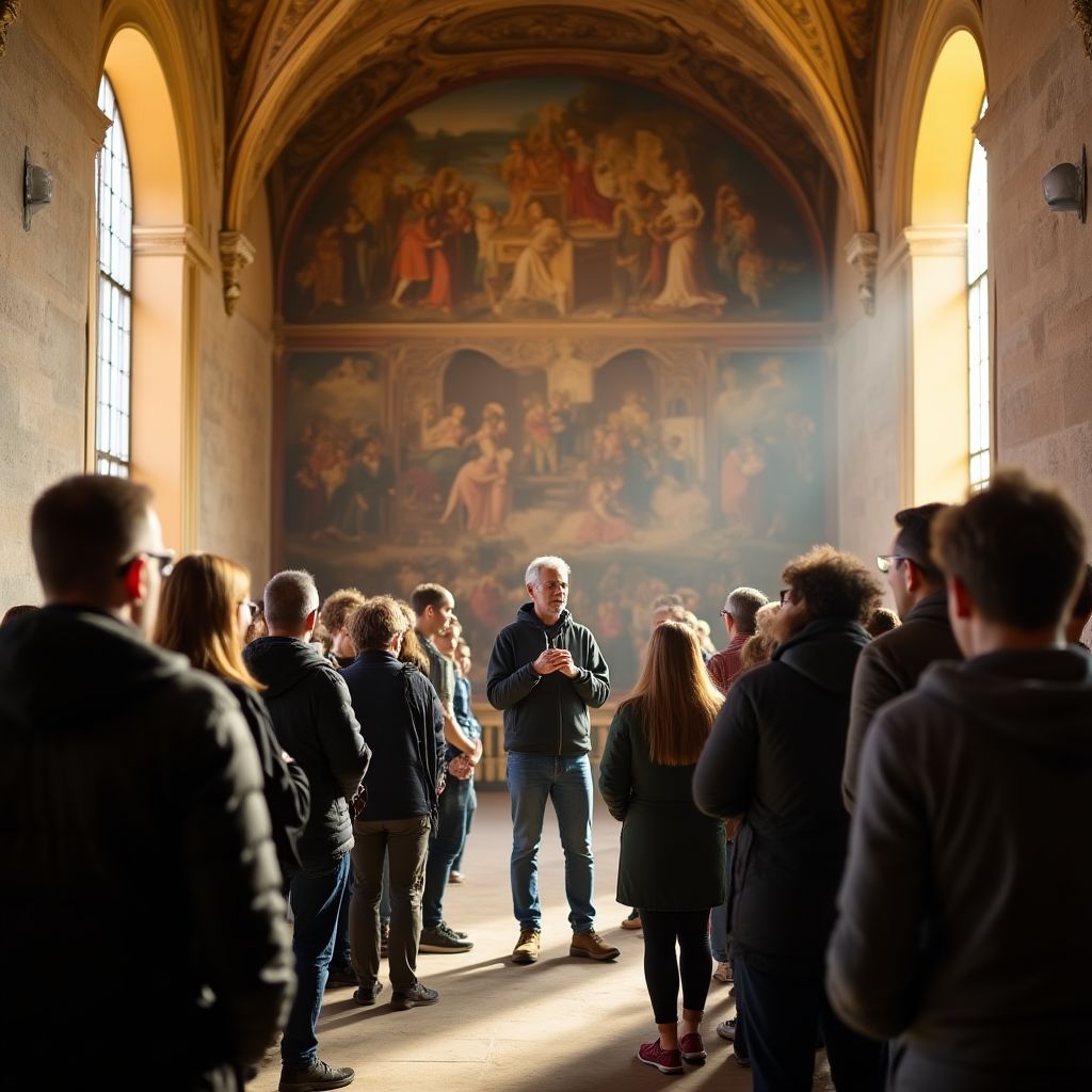 Guida culturale che spiega affreschi in una antica chiesa italiana